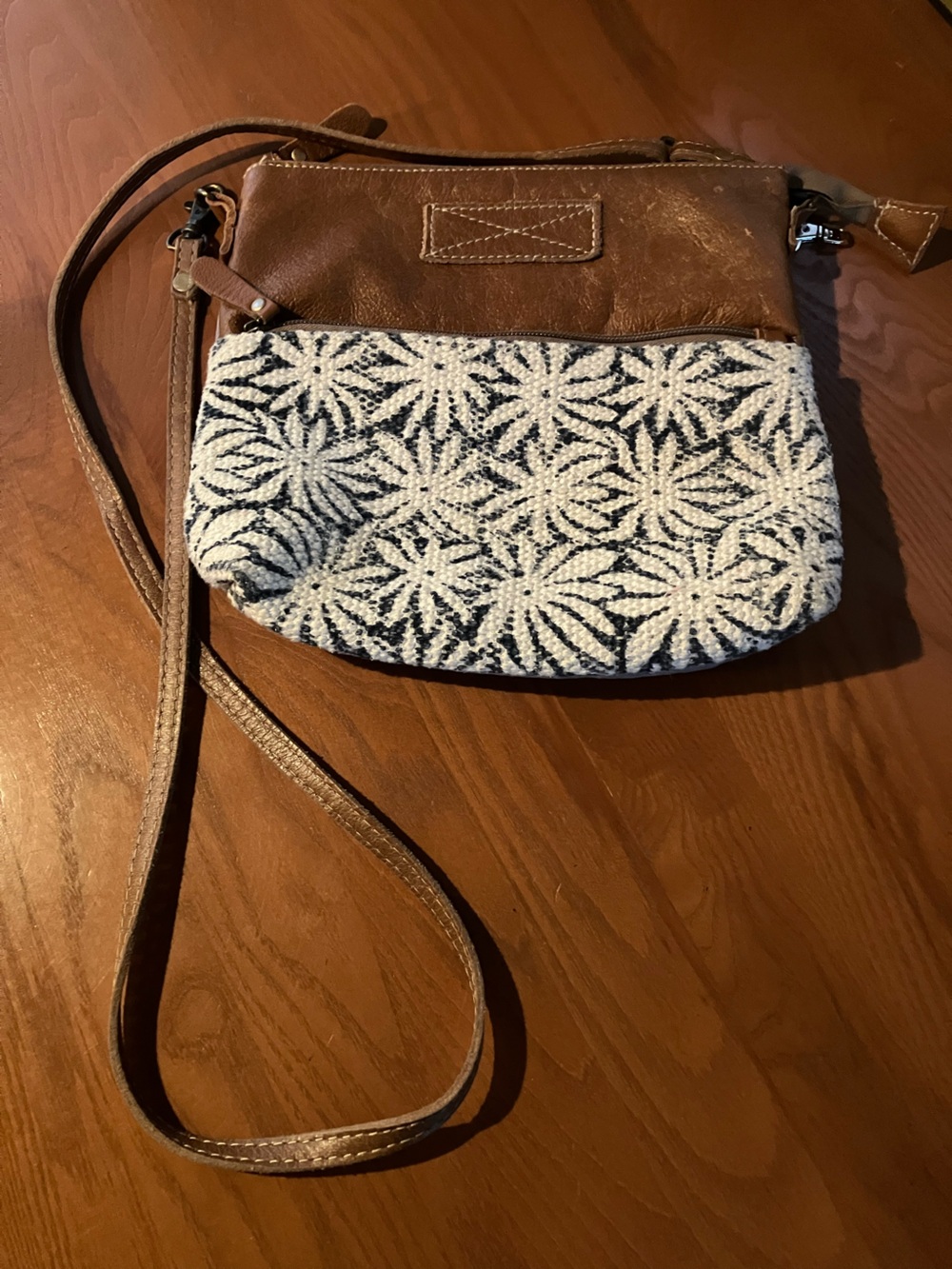 Myra Itsy Bitsy Crossbody Bag Woven Floral Rug Panel Leather and Upcycled